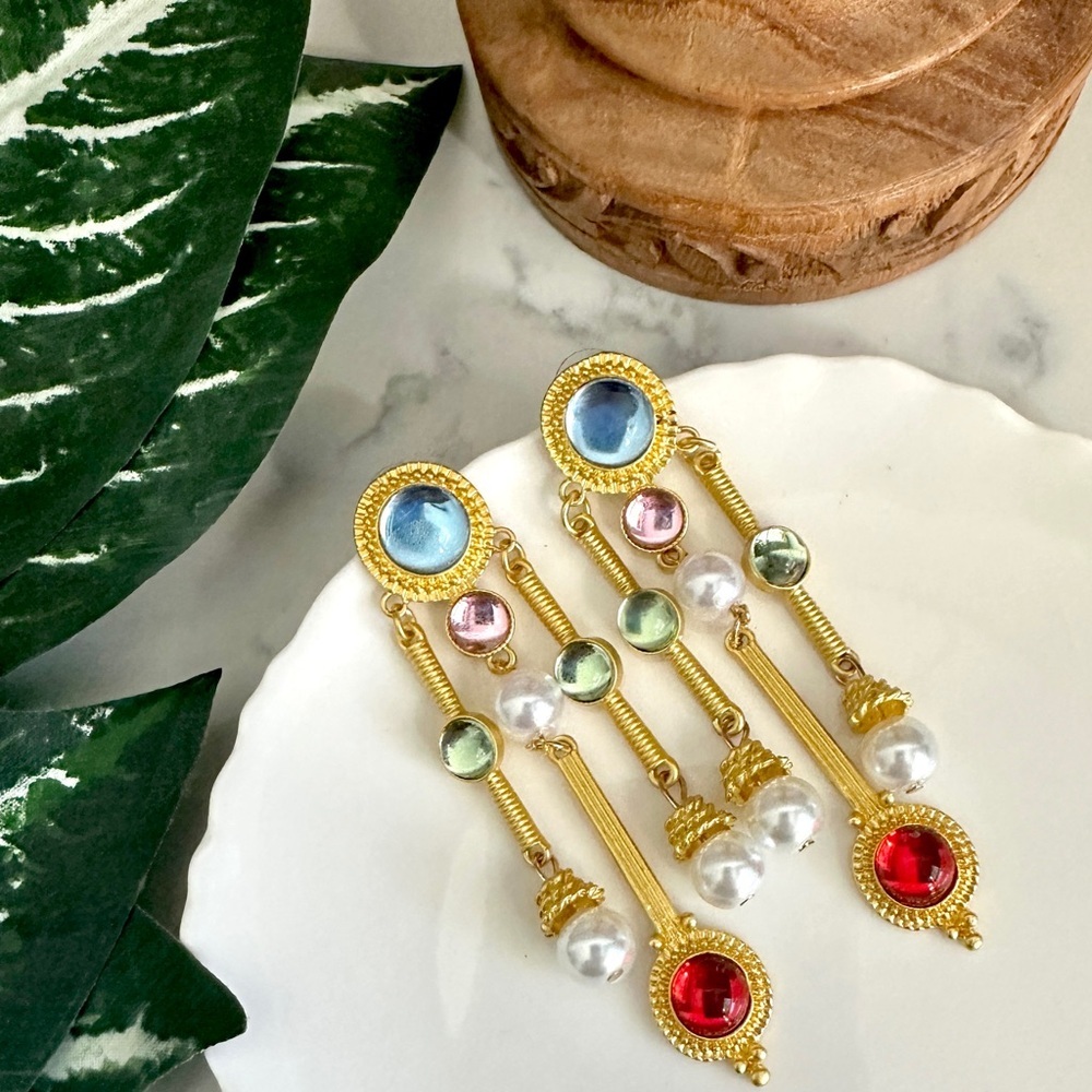Victorian Gold Tone Colorful Rhinestone Earrings Baroque French Vibe Royalty NEW